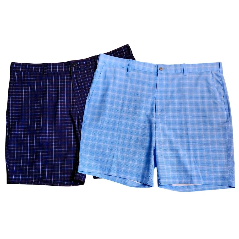 LOT OF 2 PGA TOUR LIGHTWEIGHT GOLF SHORTS MENS SIZE 42 BLUE PLAID‎
